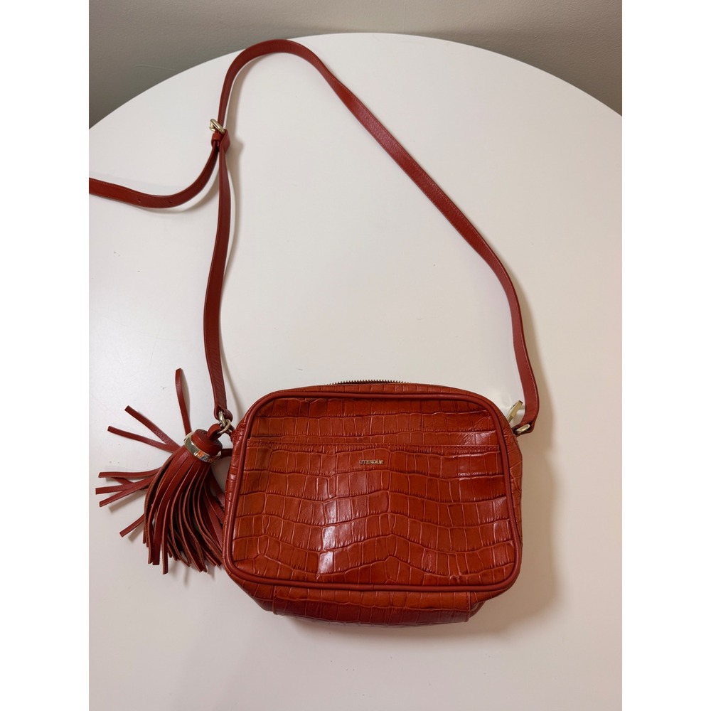 Uterque Crossbody Bag Women Small Orange Excellent Croc Embossed Leather Tassel